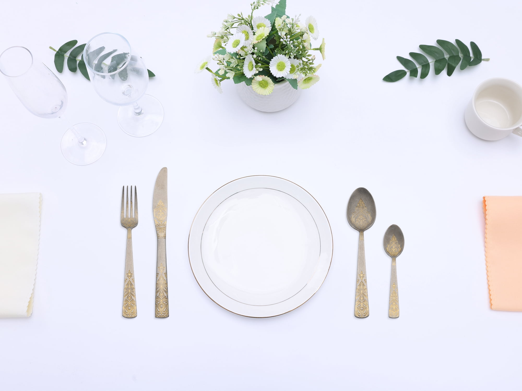 Unique Bargains Stylish and Durable Stainless Steel Floral Flatware Set Retro Gold 4pcs