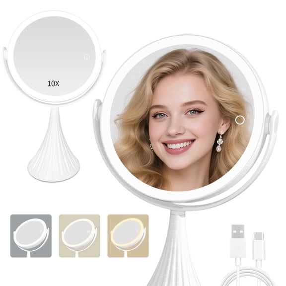 10X Lighted Magnifying Makeup Mirror, Double Sided Makeup Mirror with 10X/1X Magnification, 360°Rotation, 3 Colors Brightness Adjustable Vanity Mirror with 64 LEDs