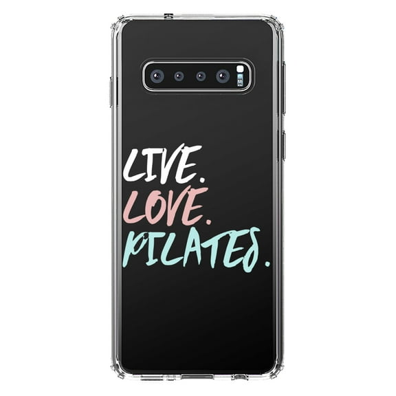 DistinctInk Clear Shockproof Hybrid Case for Samsung Galaxy S10 (6.1" Screen) - TPU Bumper Acrylic Back Tempered Glass Screen Protector - Live. Love. Pilates.