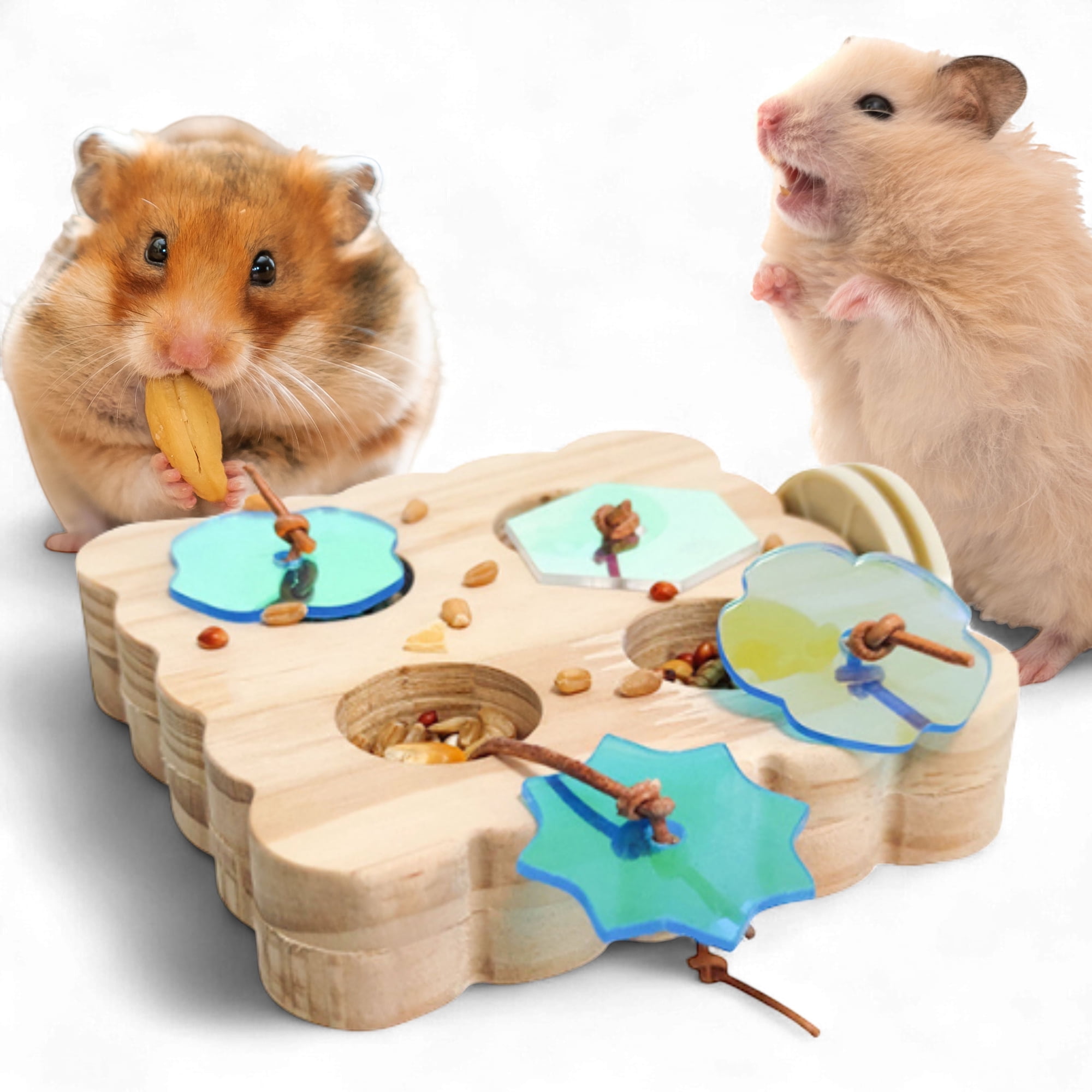 VIET ABEL CRAFTS Small Pet Enrichment & Feeding Series Eco-Friendly Wooden Toy Set with Wooden Foraging Board & Acrylic Covers for Small Animals