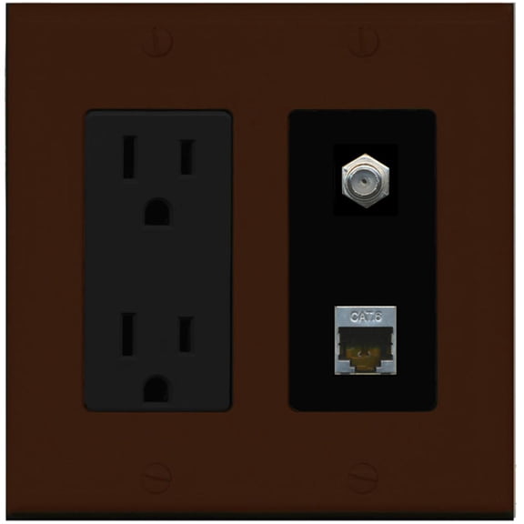 RiteAV - 15 Amp Power Outlet 1 Port Coax Cable TV- F-Type and Shielded Cat6 Ethernet Wall Plate - Brown/Black