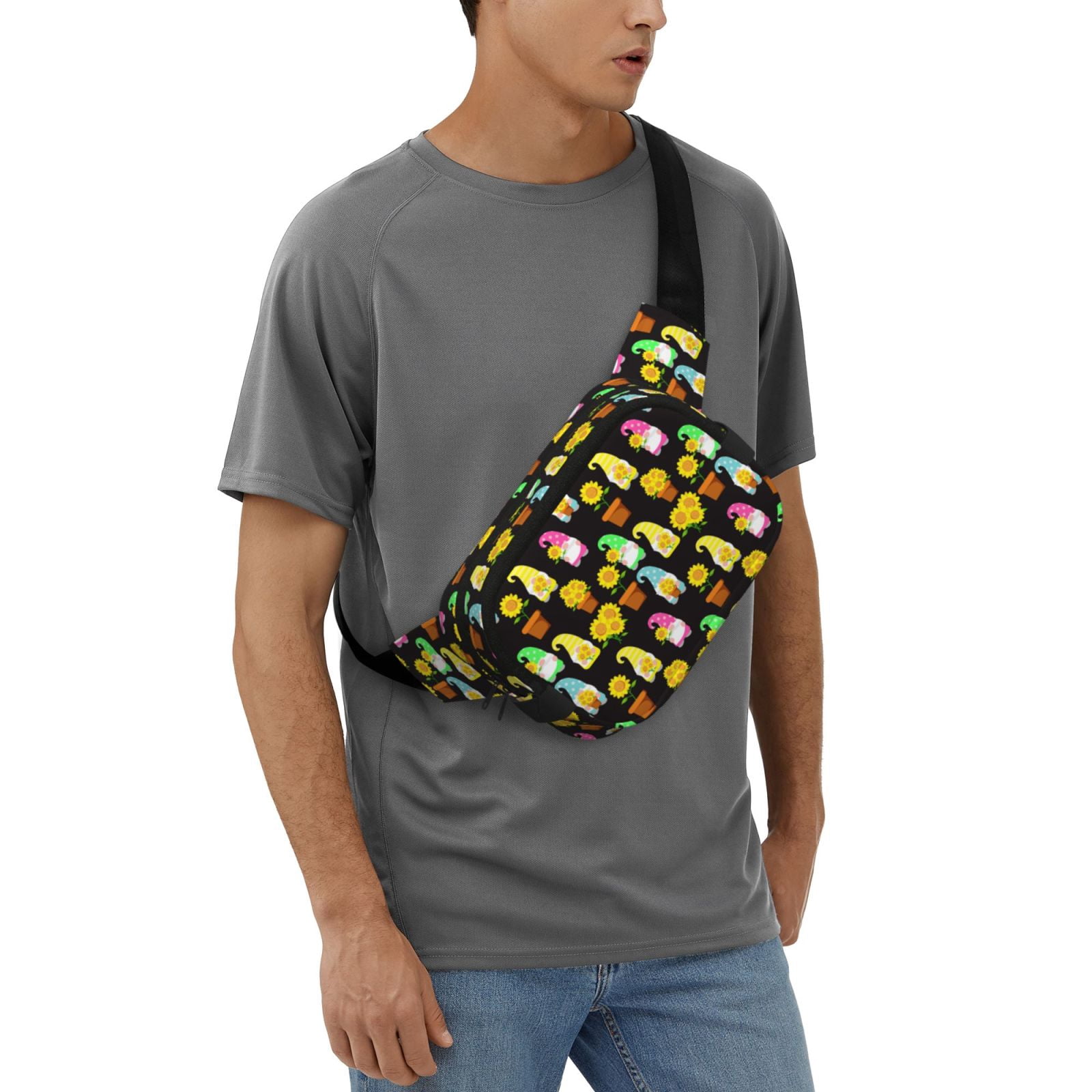 Picia Gnomes With Sunflowers Print Square Double-Layer Waist Bag Mini Adjustable Waist Belt Bag Exercise Running Travel Hiking
