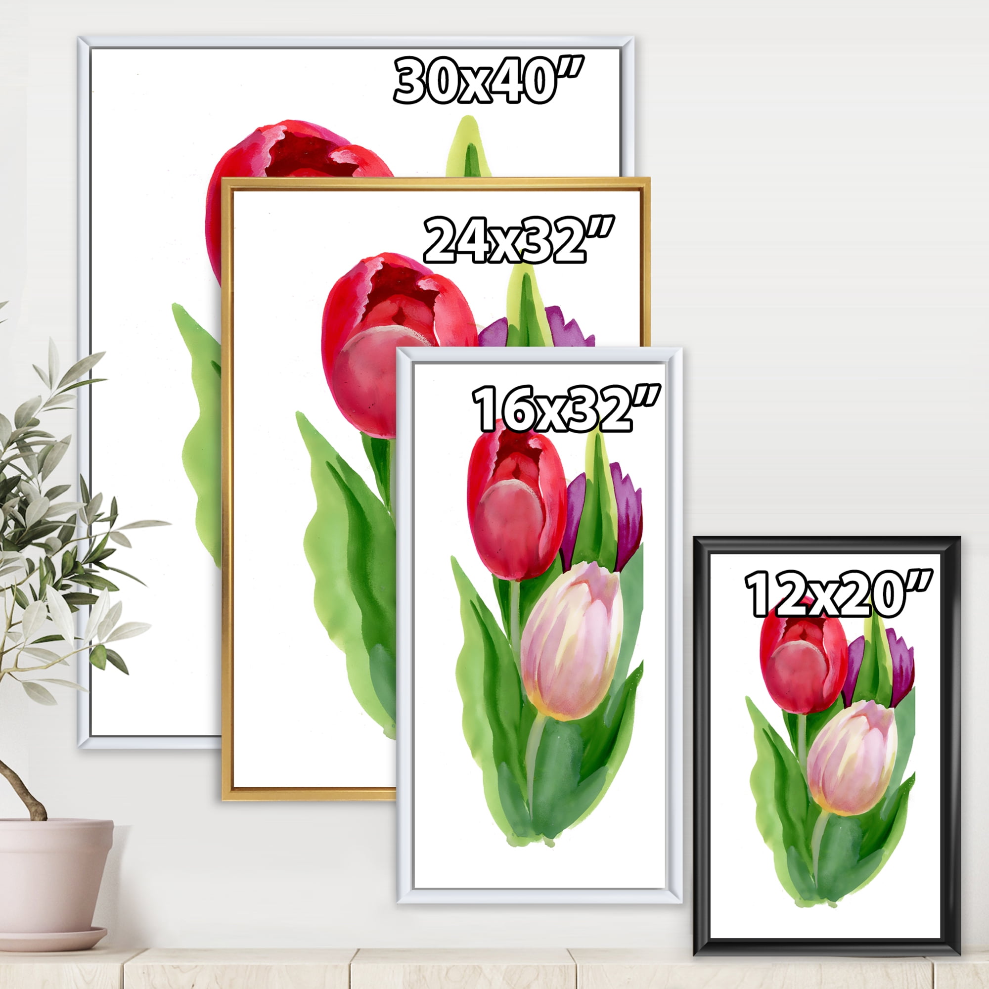 Designart 'Beautiful Tulip Flowers Red and Pink' Traditional Framed Canvas Wall Art Print