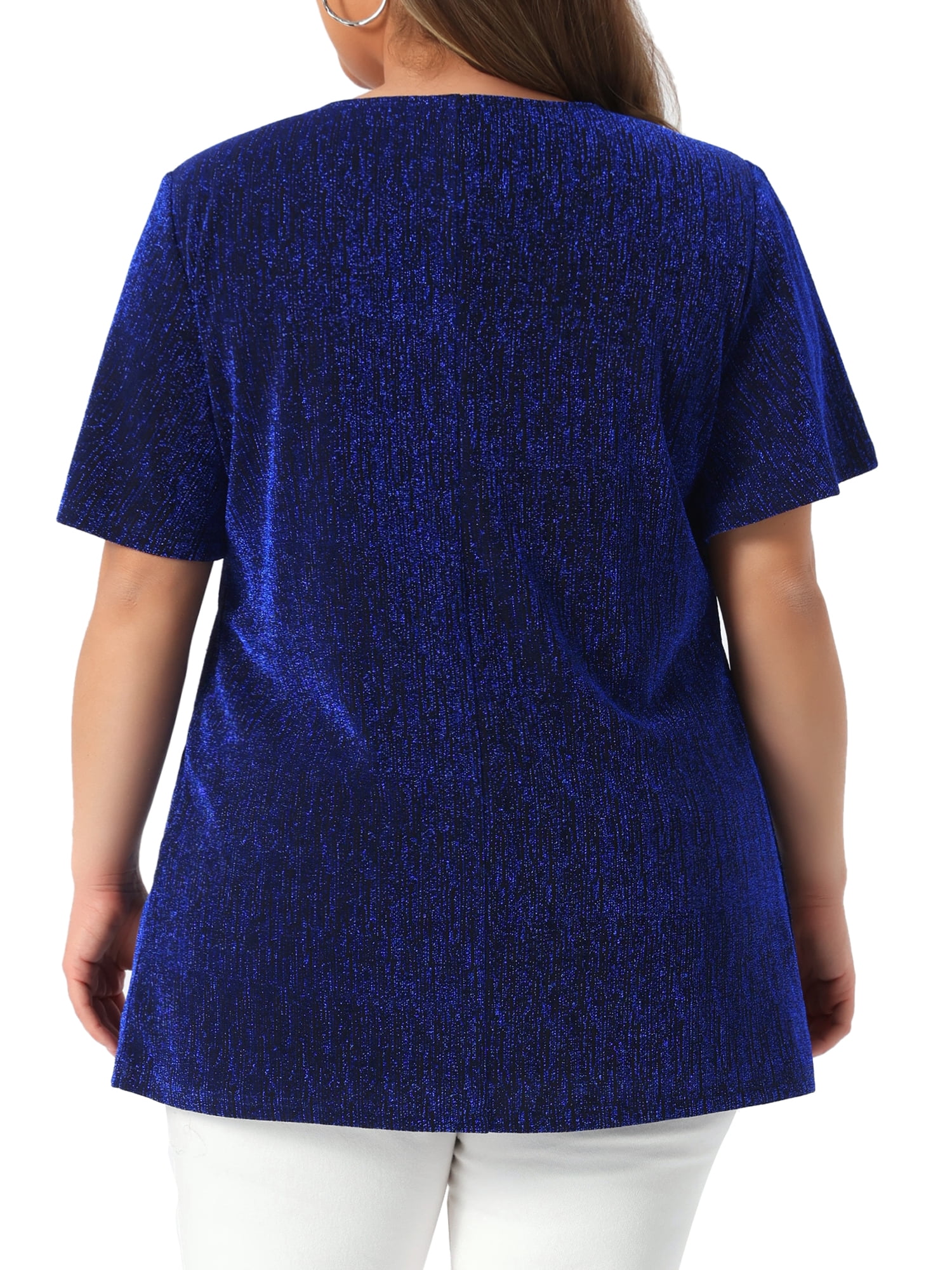 Women's Plus Metallic Tops V Neck Short Sleeve T-Shirt Party Top Glitter Blouses 2X Royal Blue
