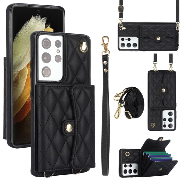 Case for Samsung Galaxy S21 Ultra, Crossbody Wristlet Case Wallet with RFID Blocking Card Slots KickStand Flip Folio PU Leather Magnetic Protective Cover Women for Samsung Galaxy S21 Ultra, Black
