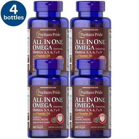 4 Pack - Puritan's Pride All in One Omega 3, 5, 6, 7 and 9 with Vitamin D3, 60 Count