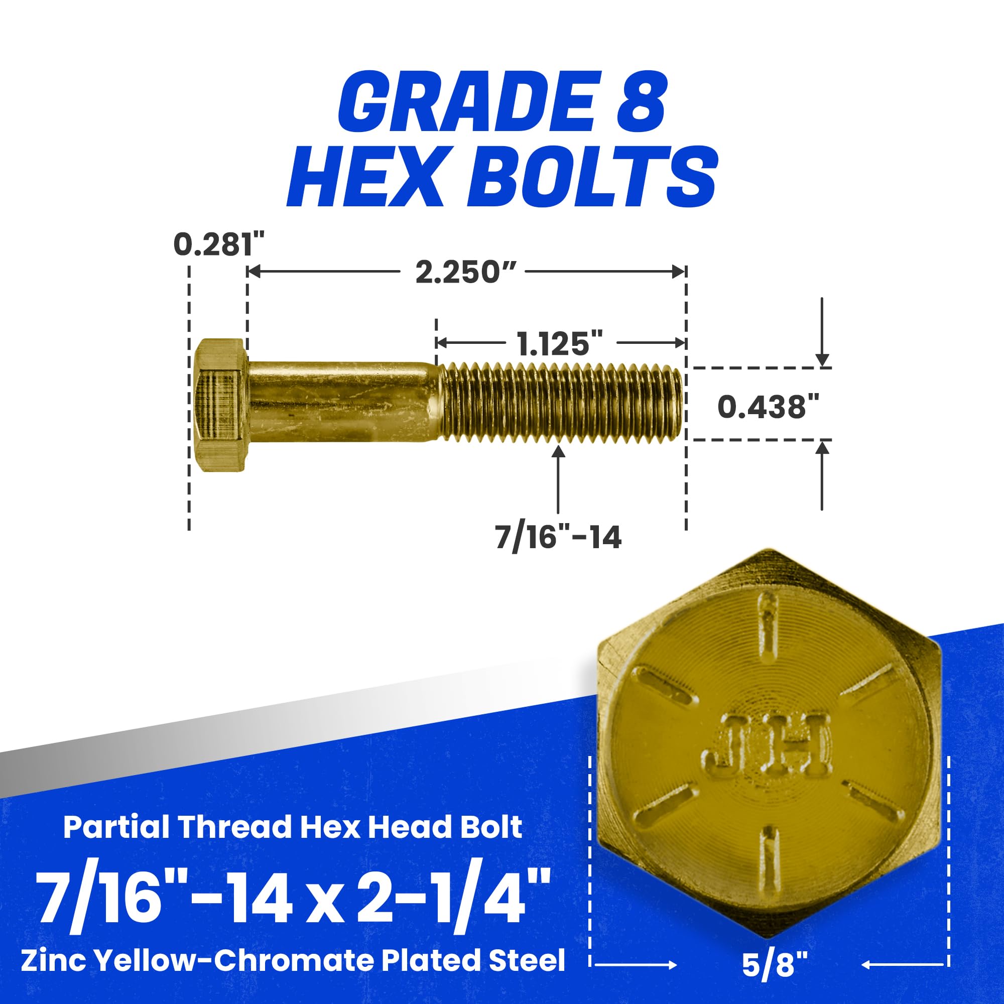 Fastenere 7/16"-14 x 2-1/4" Hex Bolts Grade 8 Zinc Yellow-Chromate Plated Steel, Partial Threaded Durable Hex Bolts for Machinery & Construction, Rust-Resistant, Heavy-Duty Fasteners, Pack of 10
