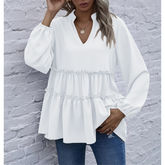Mandarin Collar V Neck Bishop Sleeve Ruffle Hem Blouse for Women