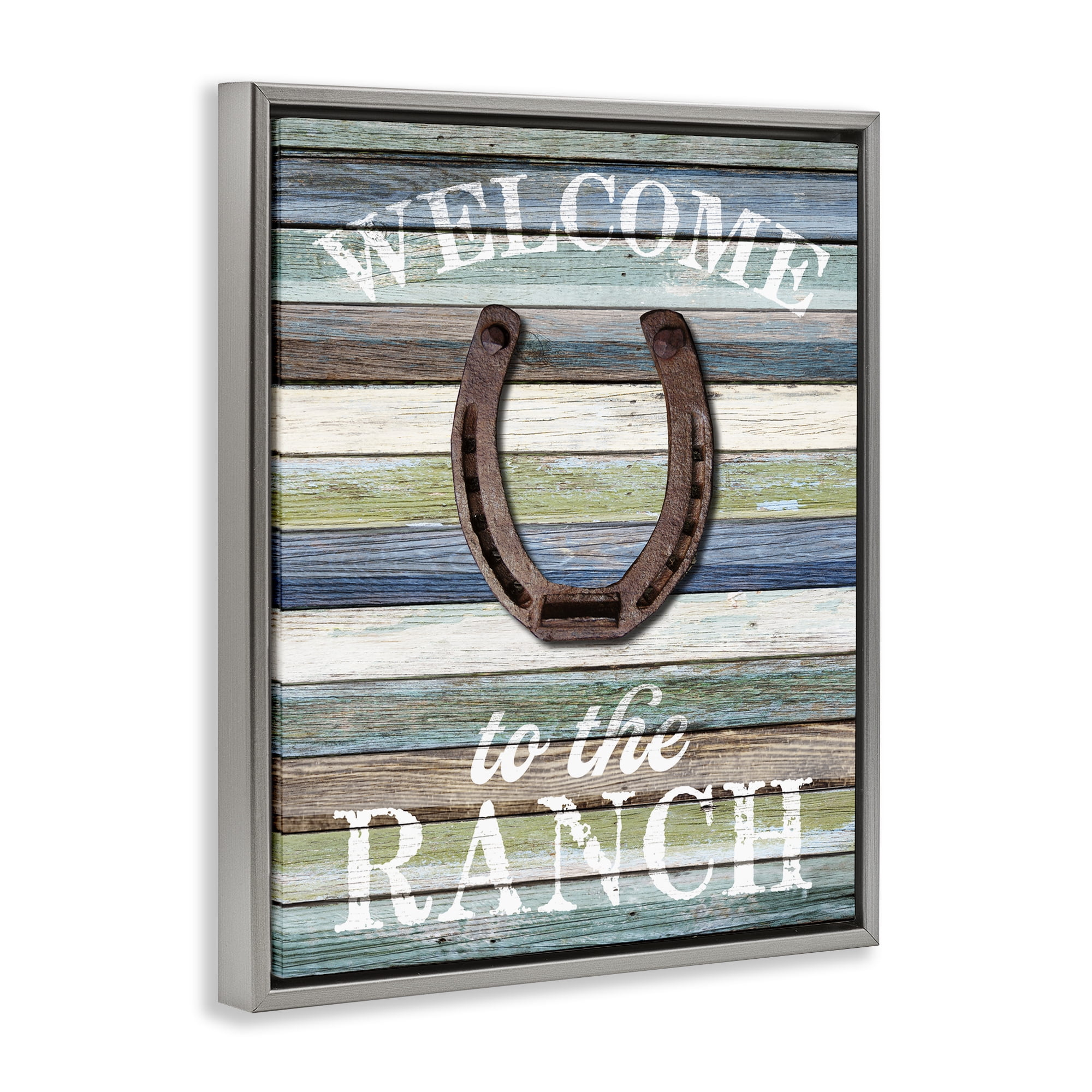 Stupell Industries Welcome Ranch with Horseshoe Text & Numbers Painting Gray Floater Framed Canvas Art Print Wall Art, 17 x 21