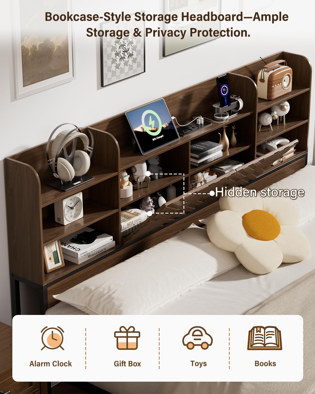 Farmhouse King Size Bed Frame with Move Storage Headboard & 2 Drawers, Platform Bed Frame with 3-in-1 Charging Station, Upholstered Bed Frames with Metal Slats Support