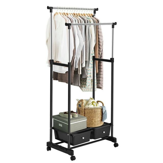 Costway Double Rod Adjustable Clothes Hanger Garment Rolling Rack Organizer Drawers