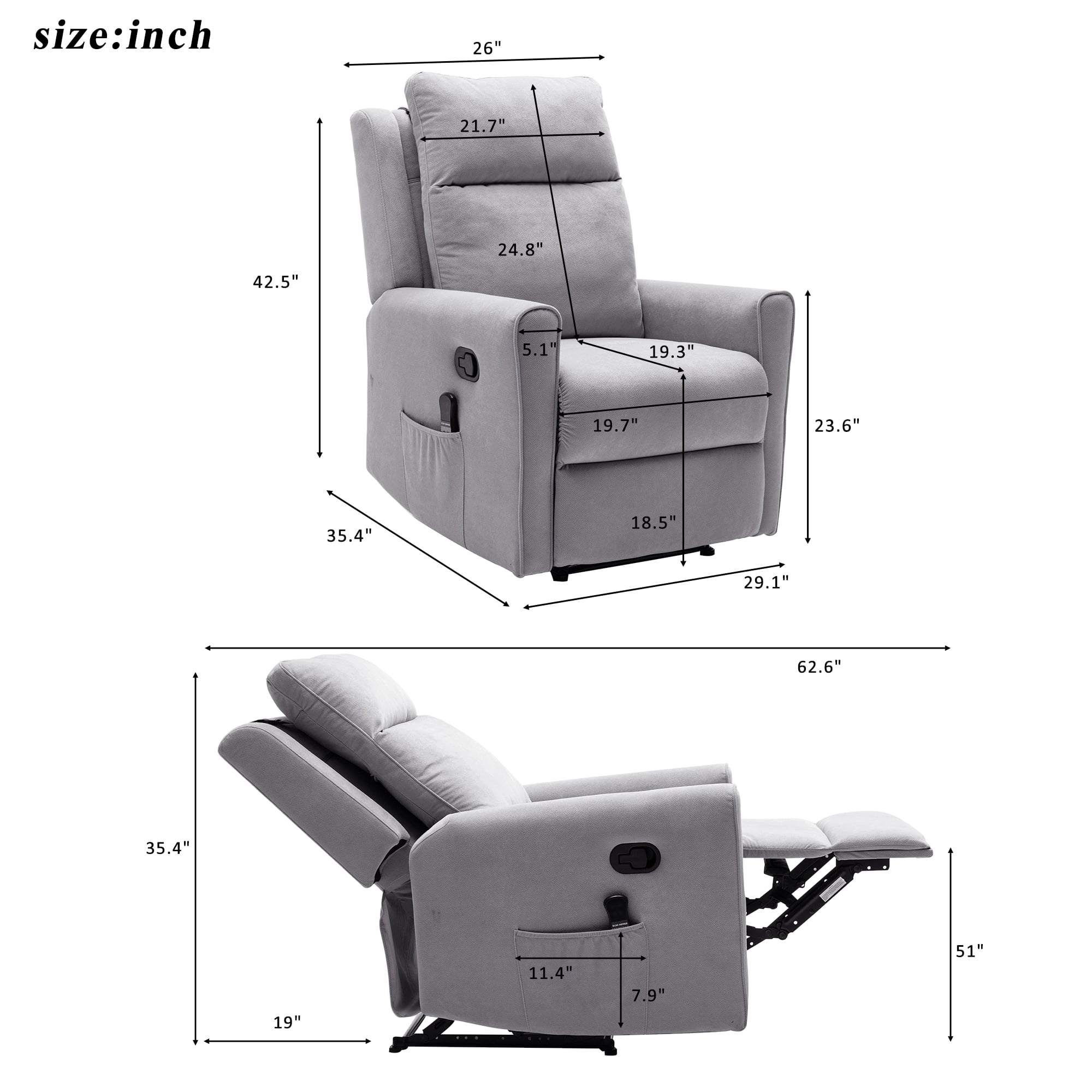 Kepooman Manual Recliner Chair with Heat and Rolling Kneading Massage for Living Room, Gray Kepooman Manual Recliner Chair with Heat and Rolling Kneading Massage for Living Room, Gray