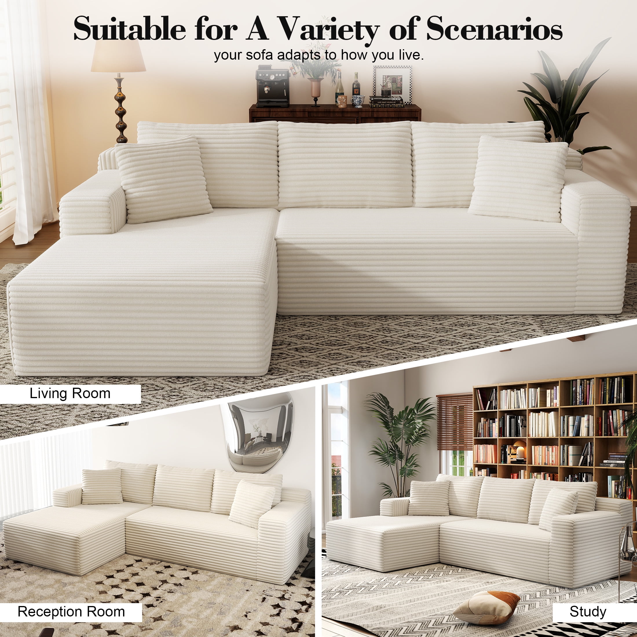 AENKYO Modular Sectional Couch with L-Shape Chaise — Modern Living Room Sofa, White, Left-Facing, No Assembly