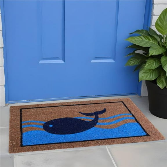 HomeRoots 555550 18 x 30 in. Brown Blue & Red Coir Whale Outdoor Door Mat