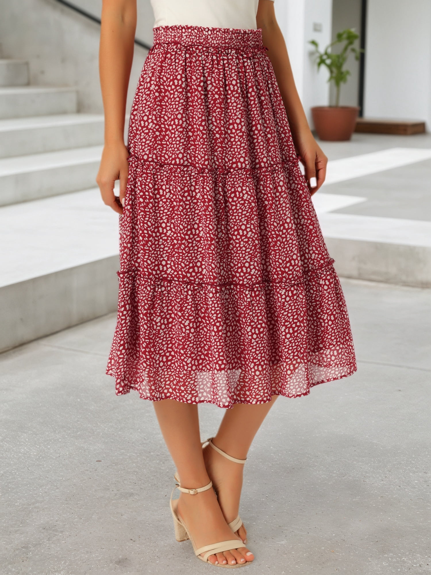 DARING DIVA Women's Midi Elastic A-Line Ruffle Flowy Skirts Small Wine Red