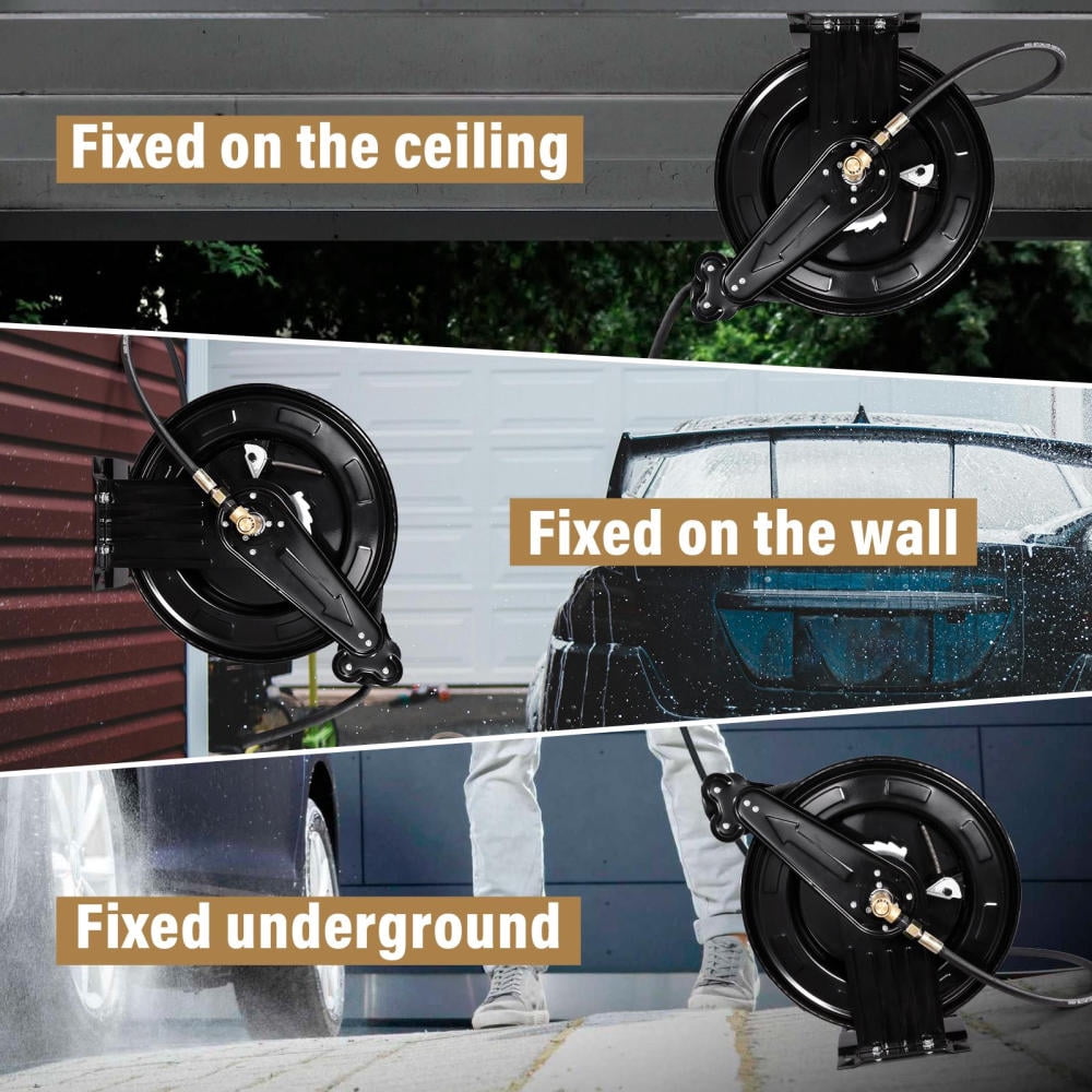Pressure Washer Hose Reels Steel Heavy Duty Garden Hose Reel 4000 PSI with Auto Rewind Double Arm for Cleaning Automobiles Lawn Care justifiable