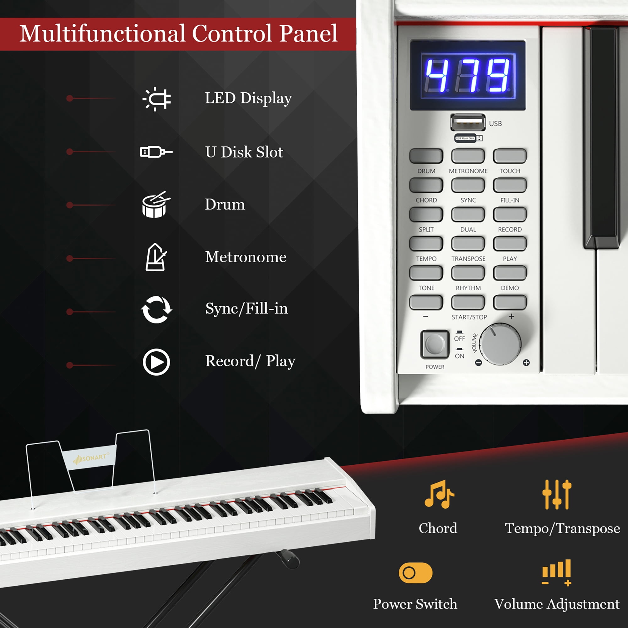 Sonart 61 Key Portable Digital Piano MIDI Keyboard w/Pedal Gift White