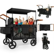 Vipsafe Foldable Wagon Stroller for 4 Kids, Multifunctional Wagon with Detachable Canopy, Adjustable Handlebars, Removable Seats, and Easy Storage