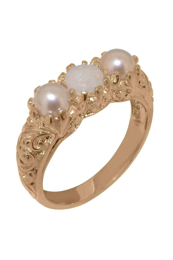 LBG British Made 14k Rose Gold Genuine Natural Opal & Cultured Pearl Womens Statement Ring - 33 size options - Size 5.5