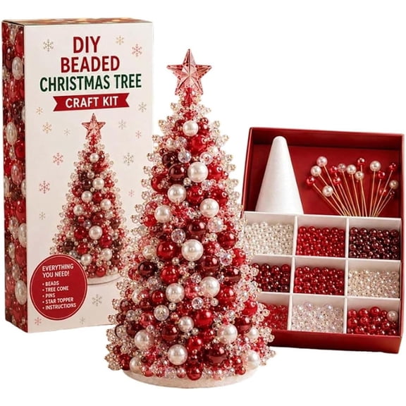 DIY Beaded Christmas Tree Craft Kit, Complete Tabletop Mini Xmas Tree Making Set with Foam , Pearl Beads, Pins & Star Topper, Handmade Holiday Decor for Ornament, Creative DIY Art Project-A