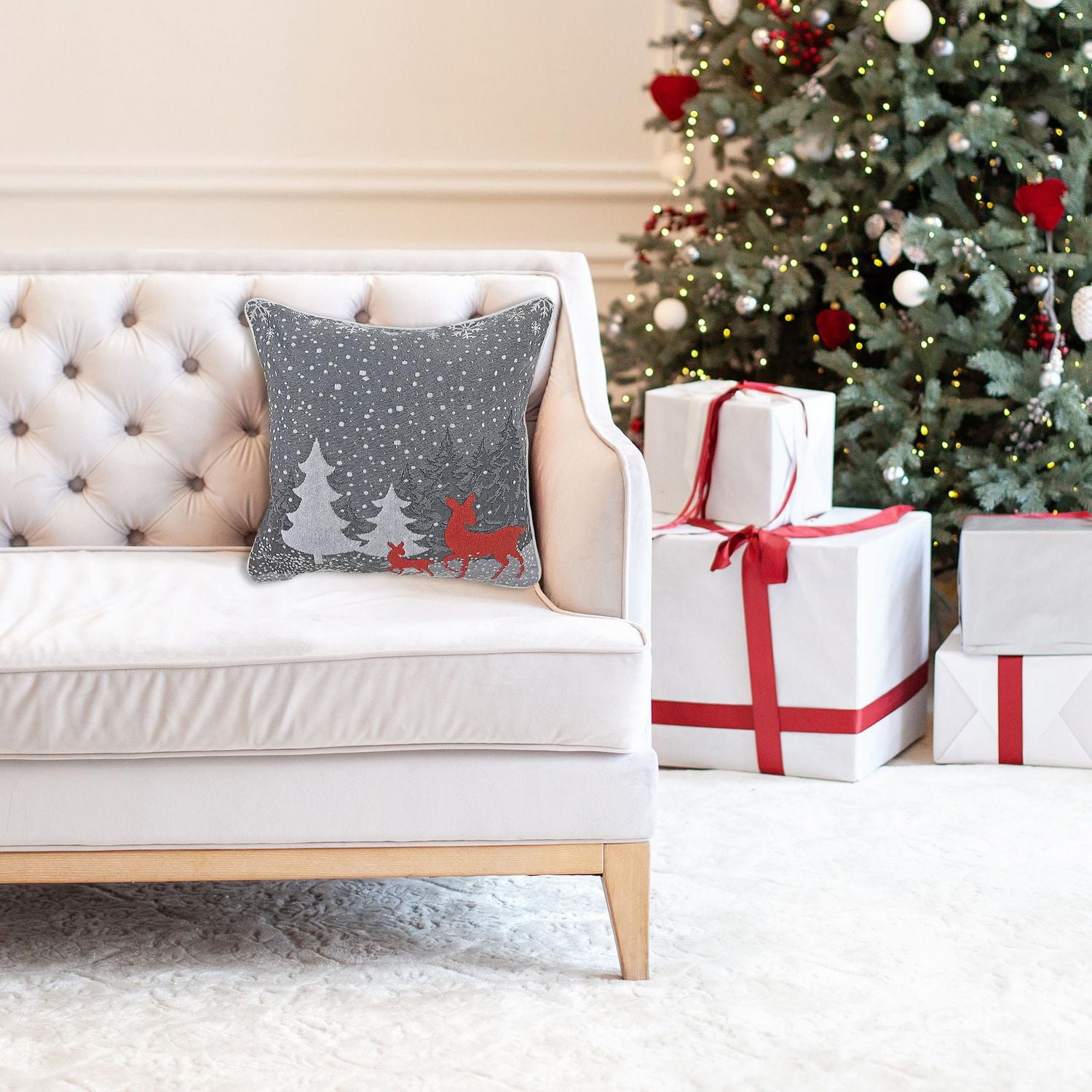 Coussin Tapisserie Renne Et Arbre 18 X 18 - Lot De 2