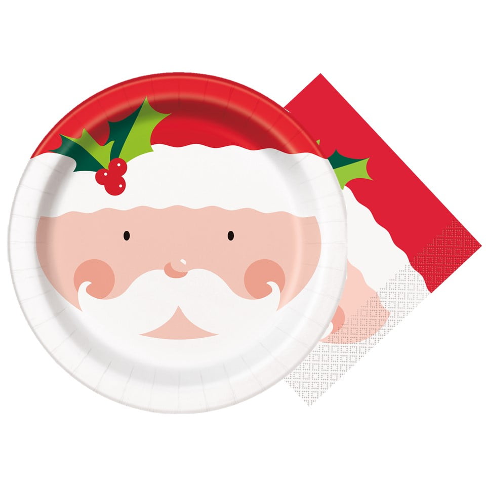 Holly Santa Christmas Plates & Napkins Kit for 16 Guests