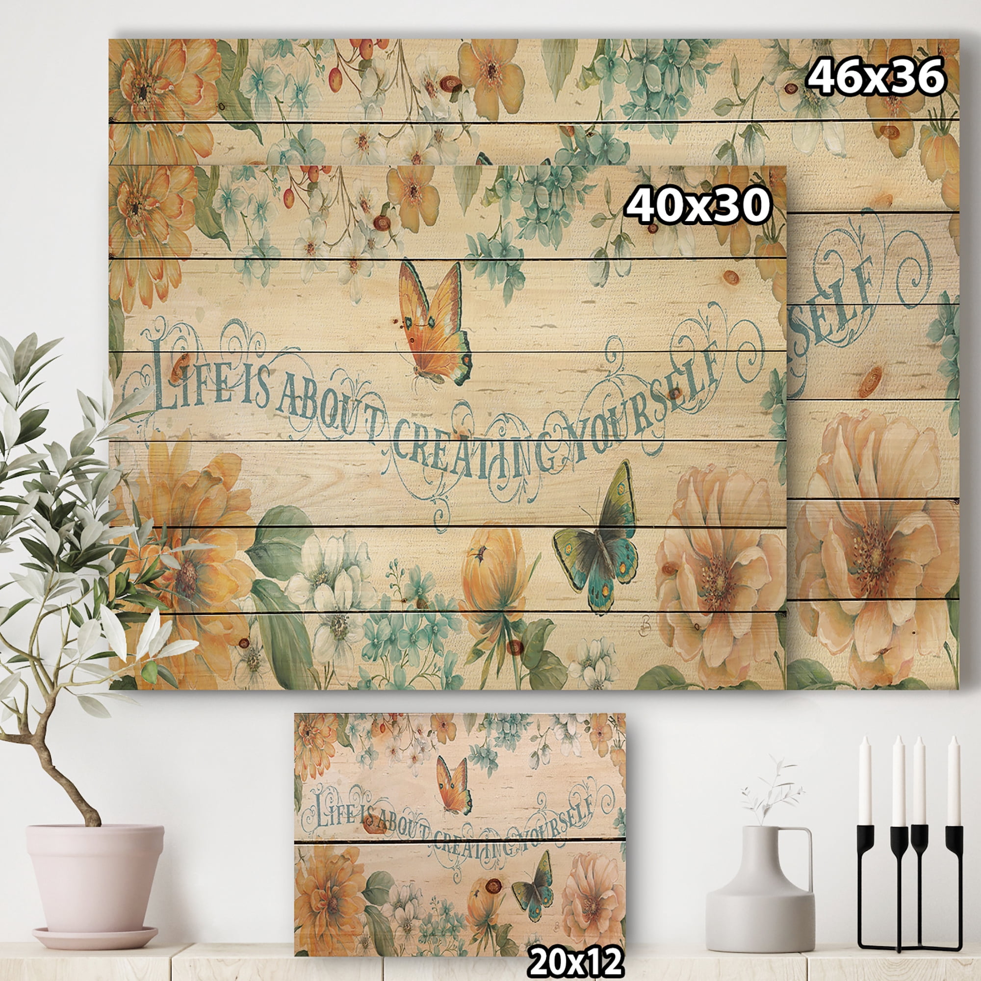 Designart Butterfly Bloom Lovely Quote Farmhouse Print on Natural Pine Wood Art Print, 20" x 12"