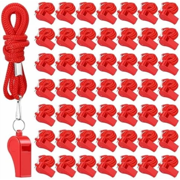 50 Pcs Plastic Whistles Bulk with Lanyard Sports Loud Crisp Sound Whistles for Coach Referees Training Emergency
