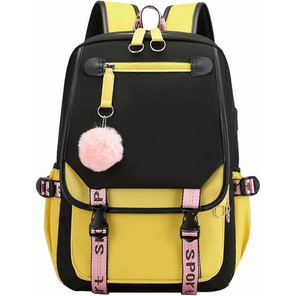 21 Liter Tool Bag, Yellow Black Teenage Girls Backpack College Students Outdoor Rucksack Backpack with USB Charging Port