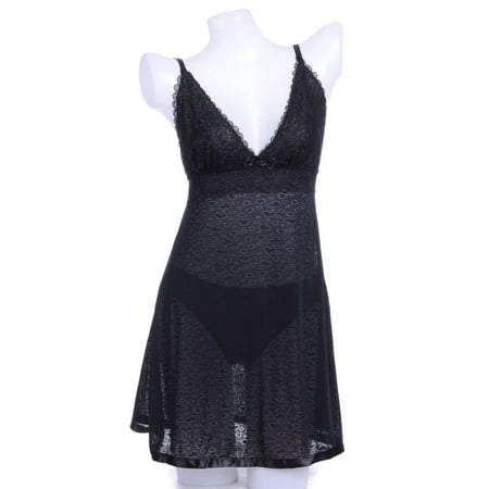 Black Negligee - Anna-Kaci S/M Fit Black Covered Faded Hearts Outline Pattern Ribbon Hem Negligee