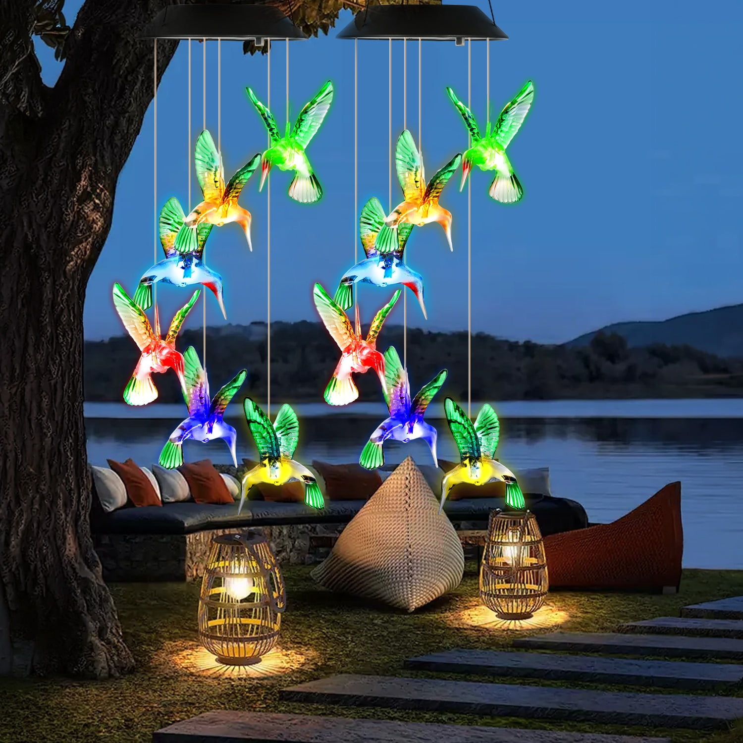2PCS Hummingbird Solar Wind Chimes with Color Changing LED Lights, Waterproof Solar Powered Wind Chime for Outdoor Garden Patio Balcony Porch Home Decor, Ideal Gift for Mom Women Christmas