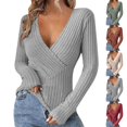 thumbnail image 6 of Womens Cleavage Tops Ribbed Knit Long Sleeve Shirts Deep V Neck Tees Going Out Outfits Clubwear, 6 of 8