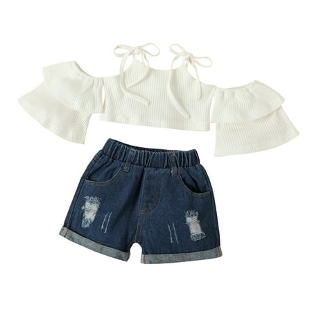 

MPWEGNP Toddler Kids Baby Girls Strap Off Shoulder Ribbed Short T Shirt Tops Denim Shorts 2PCS Outfits Clothes Set Long Sleeved Baby Girl Heart Clothe Girl