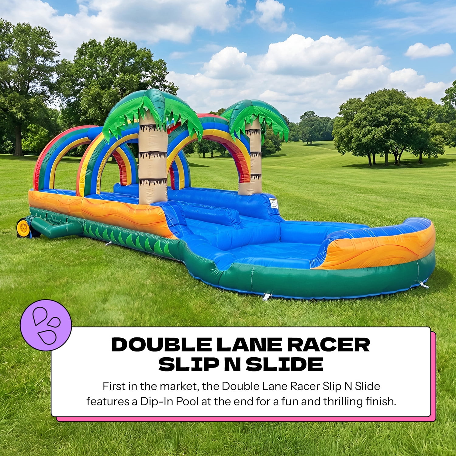 POP JUMP 27ft Long Tropical Inflatable Dual Lane Slip N Slide, with Splash Pool and Blower