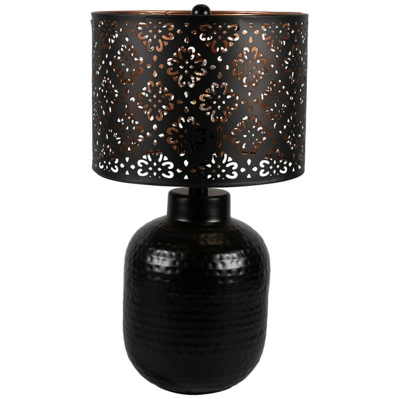 Northlight Round Iron Table Lamp with Laser-Cut Floral Shade - 19" - Black and Copper