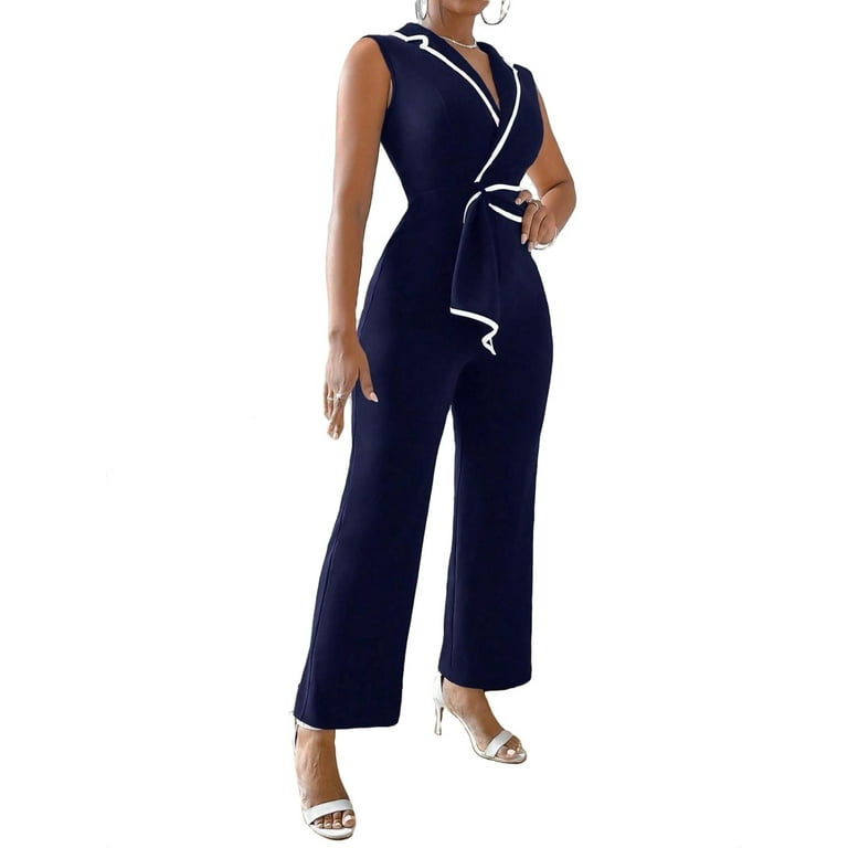 Elegant Plain Shirt Jumpsuit Lapel Neck Navy Blue Women Jumpsuits Women s Size Medium 6
