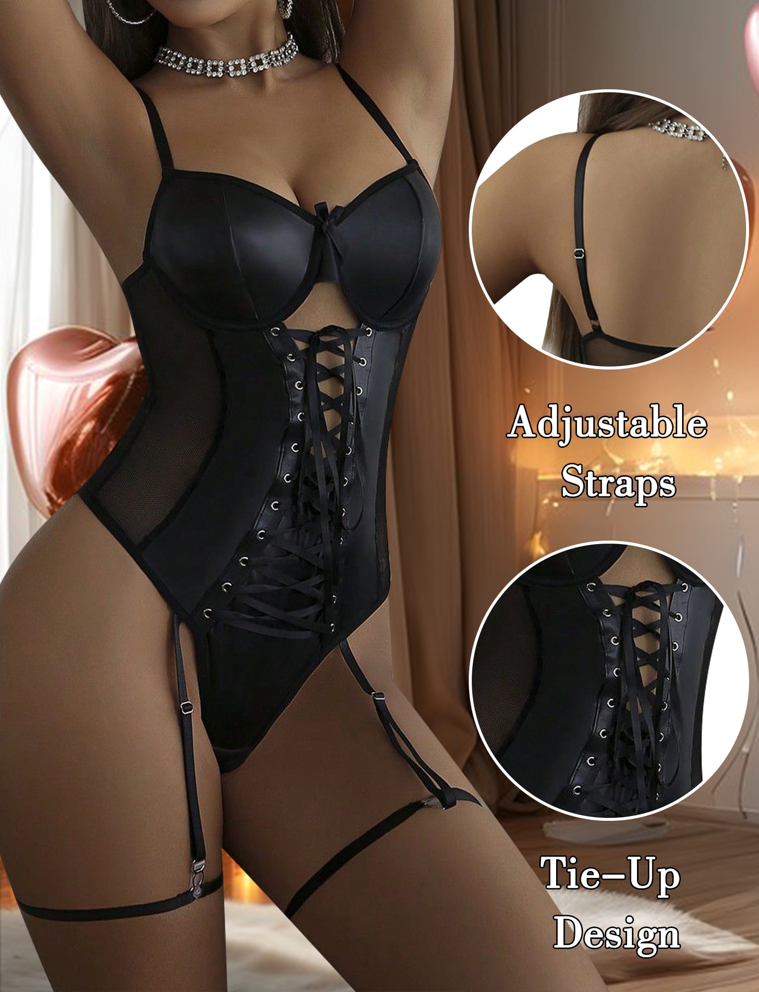 Ausing Womens Leather PU Teddy Lingerie Lace Up Garter Belt Mesh Patchwork One Piece Bodysuit Babydoll Clubwear Black XL