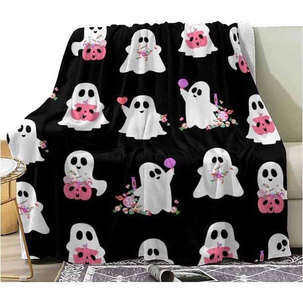 Manta de Halloween, linda manta de franela de fantasma rosa suave, manta de toalla cálida, decoración de habitación, regalos de cumpleaños de Halloween para mujeres y niñas, 50 x 60 pulgadas