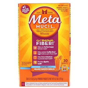 100fx Single Fiber - Metamucil, 4 in 1 MultiHealth Fiber Powder, Sugar Free, Orange Smooth Singles, 30 Packets, 0.21 oz (5.8 g) Each (Pack of 1)