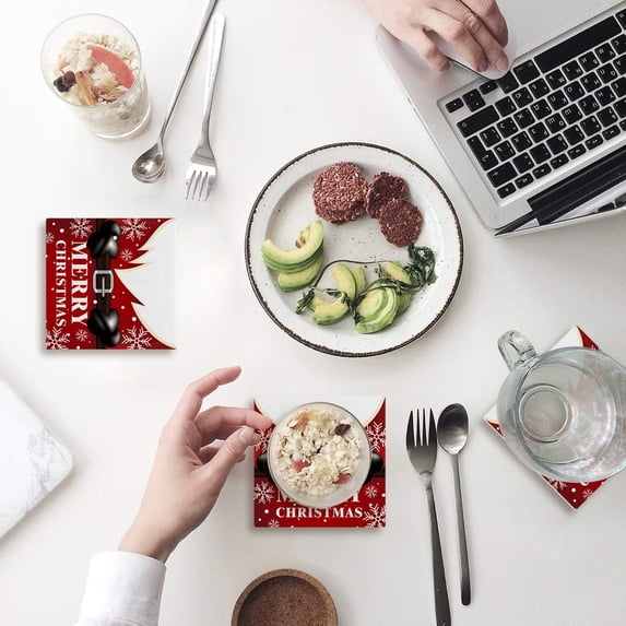 FMSHPON Merry Christmas Santa Claus Waistband Set of 6 Coaster for Drinks, Absorbent Ceramic Stone Coasters Cup Mat with Cork Base for Home Kitchen Room Coffee Table Bar Decor