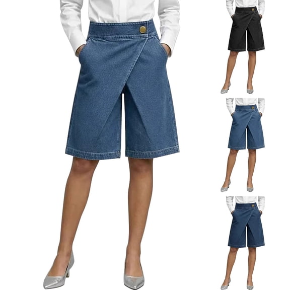 Women's Asymmetric Denim Shorts, Wrap Style Baggy Wide Leg Jorts, Distressed and Loose Fit Summer Casual Shorts for Streetwear and Going Out-Black