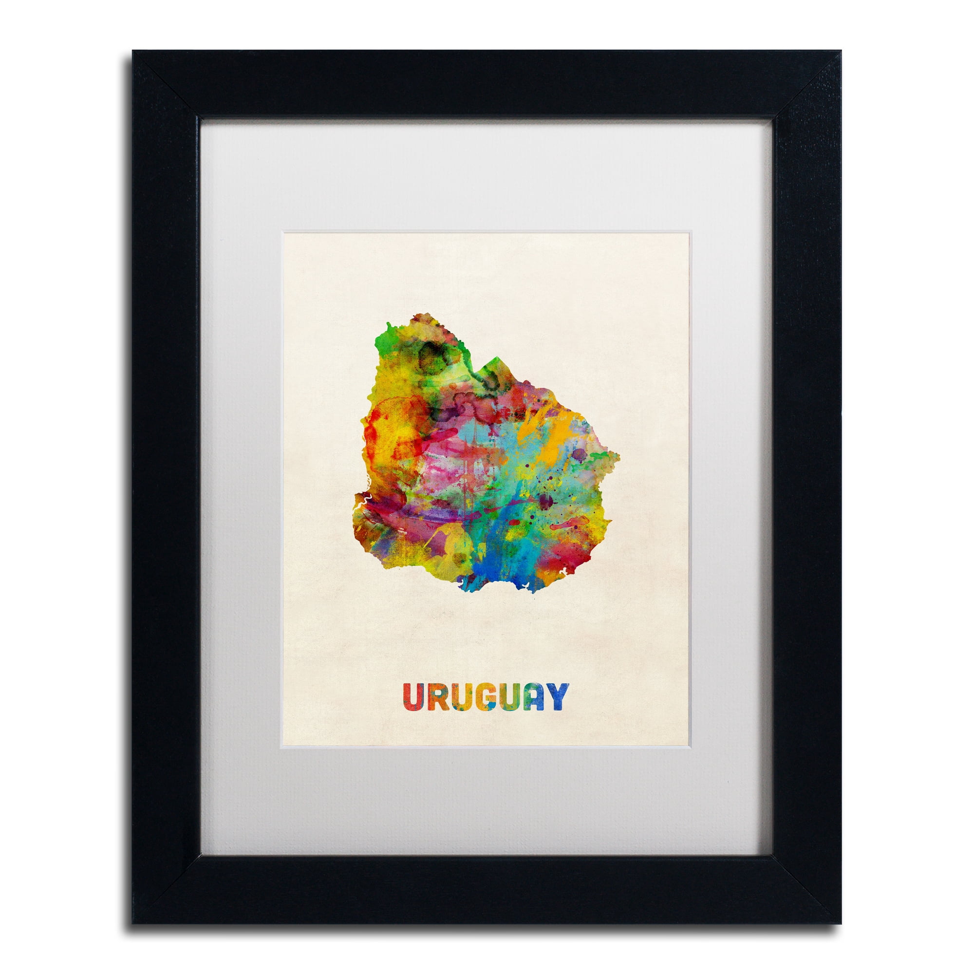 Trademark Fine Art "Uruguay Watercolor Map" Canvas Art by Michael Tompsett White Matte, Black Frame
