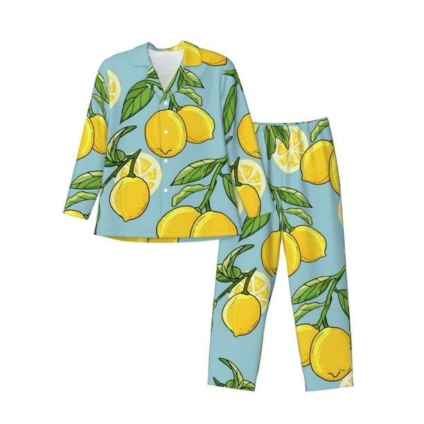 Balery Lemon Pijama para Hombre de Dos Piezas con Manga Larga, Conjunto de Dormir y Descanso Suave con Bolsillos-Medium