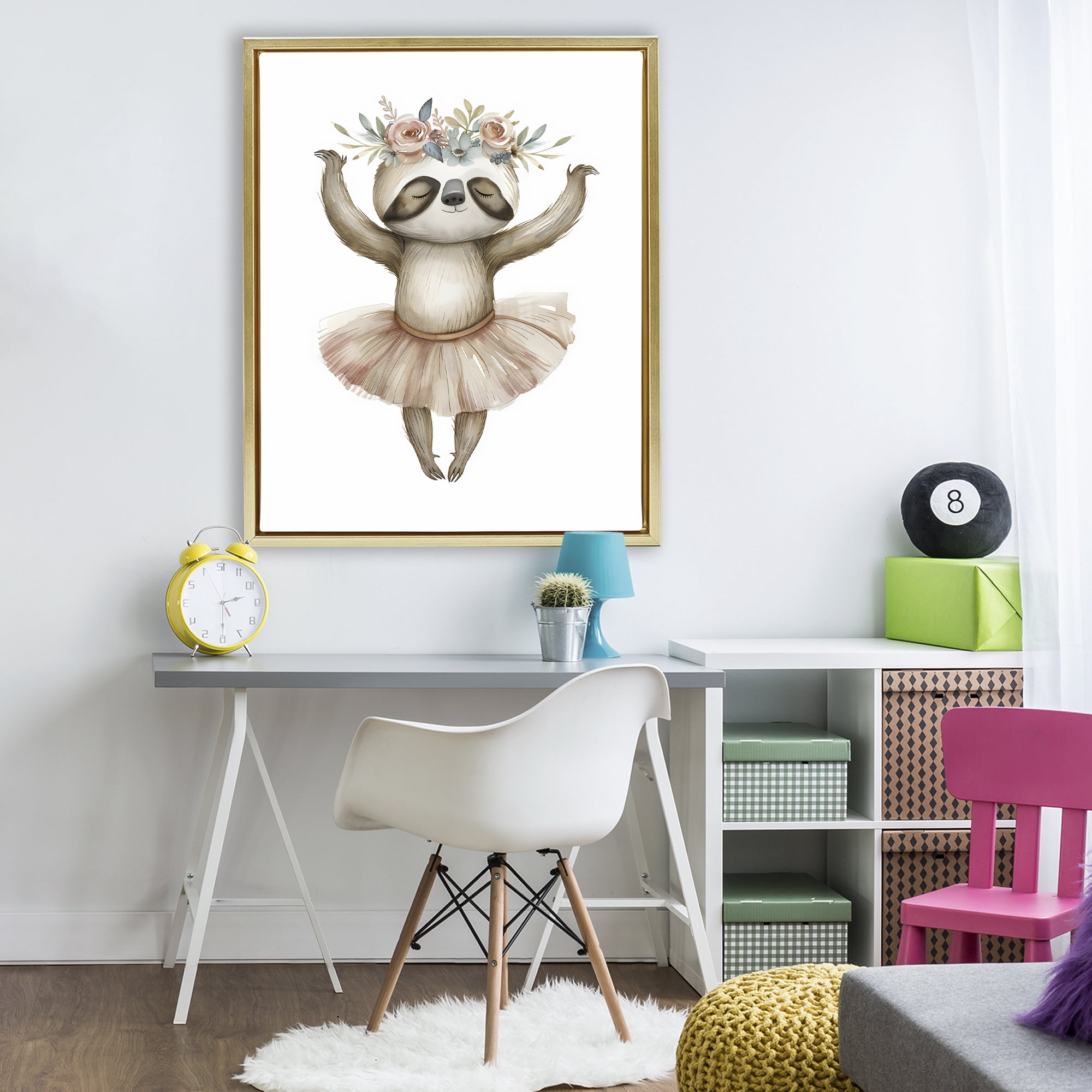 Stupell Industries Dreamy Sloth Ballet with Flowers Gold Framed Floater Canvas Wall Art, design by LSR Design Studio