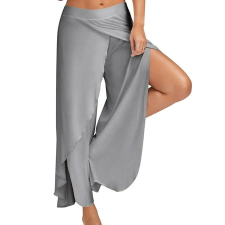 Women's Elastic Waist Solid Palazzo Casual Yoga Boho Trousers Spilt Lounge Wide Leg (Best Lightweight Waterproof Trousers)
