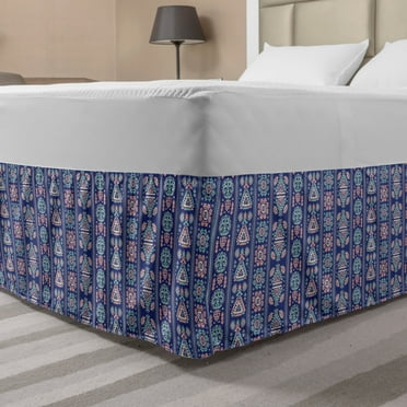 Mexican Print Bed Skirt, Vertical Arrangement of Tribal Motifs Botany Inspired Pattern, Elastic Bedskirt Dust Ruffle Wrap Around for Bedding Decor, 4 Sizes, Dark Lavender Multicolor, by Ambesonne