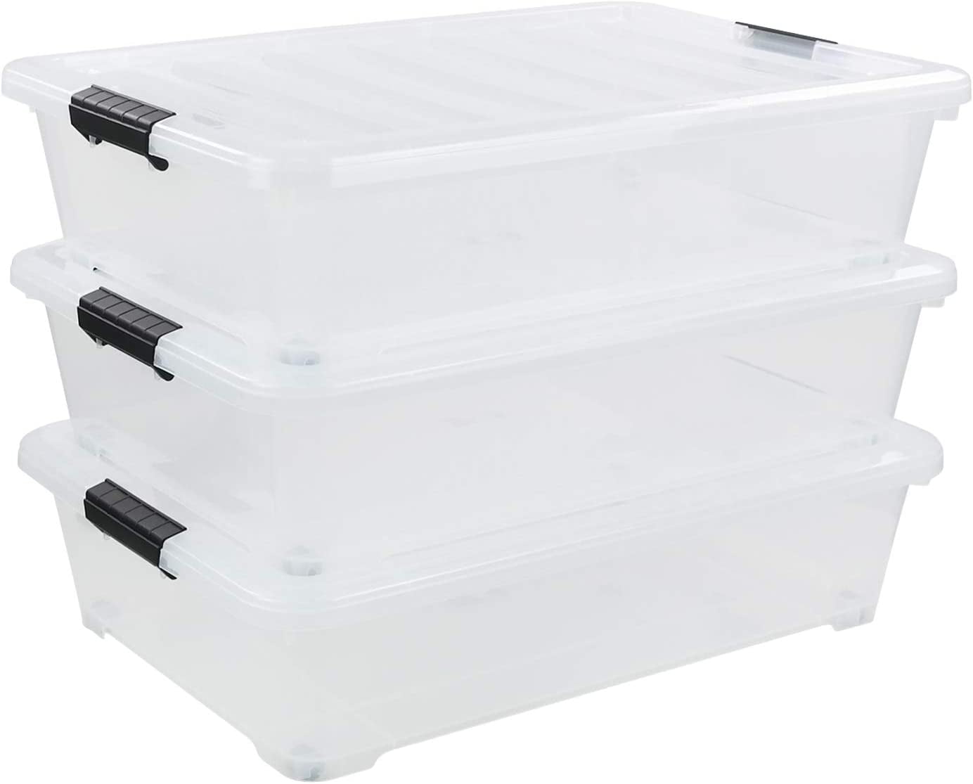 3Pack Plastic Underbed Storage Bin, Clear Under Bed Storage Box