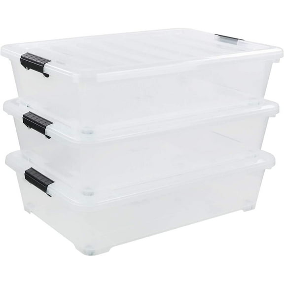 3-Pack Plastic Underbed Storage Bin, Clear Under Bed Storage Box