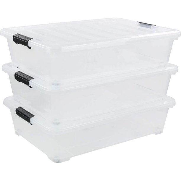 3Pack Plastic Underbed Storage Bin, Clear Under Bed Storage Box