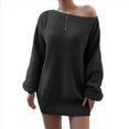thumbnail image 1 of Vestido Tipo Jersey de Larga con Hombros Descubiertos y Farol para Mujer, de Otoño, Holgado, de Punto Acanalado, Liso Negro L, 1 of 9